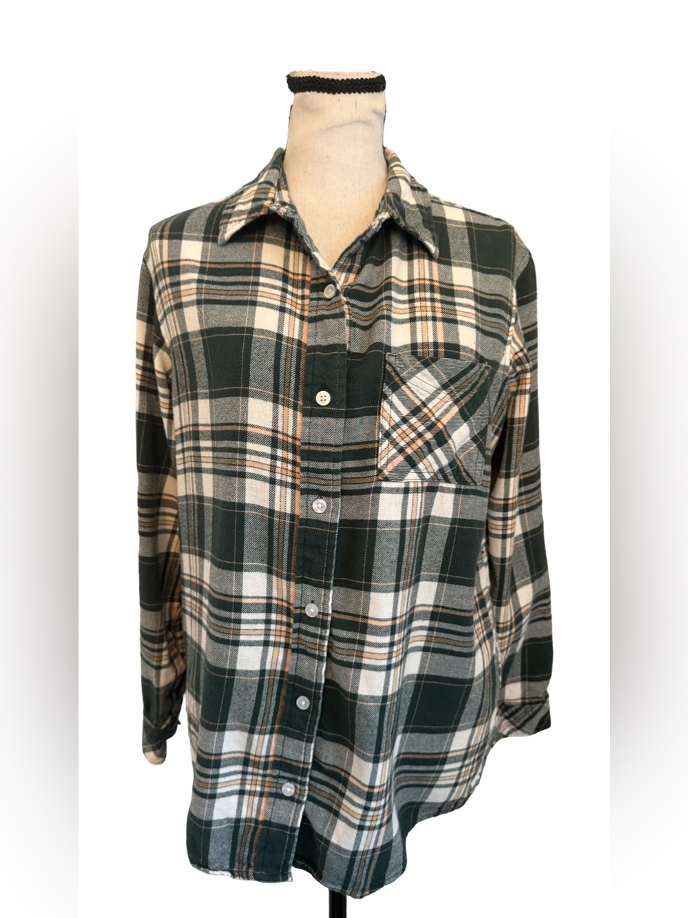 Wrangler Women’s Plaid Flannel Shirt Green Cream Button Up Western Small